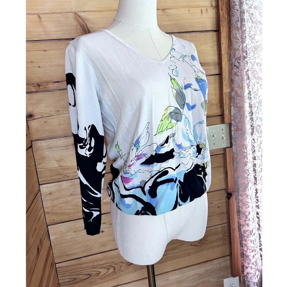V-neck‎ Abstract Floral Swirl Graphic Print Sweater Womens Small White Spanner - Picture 3 of 8
